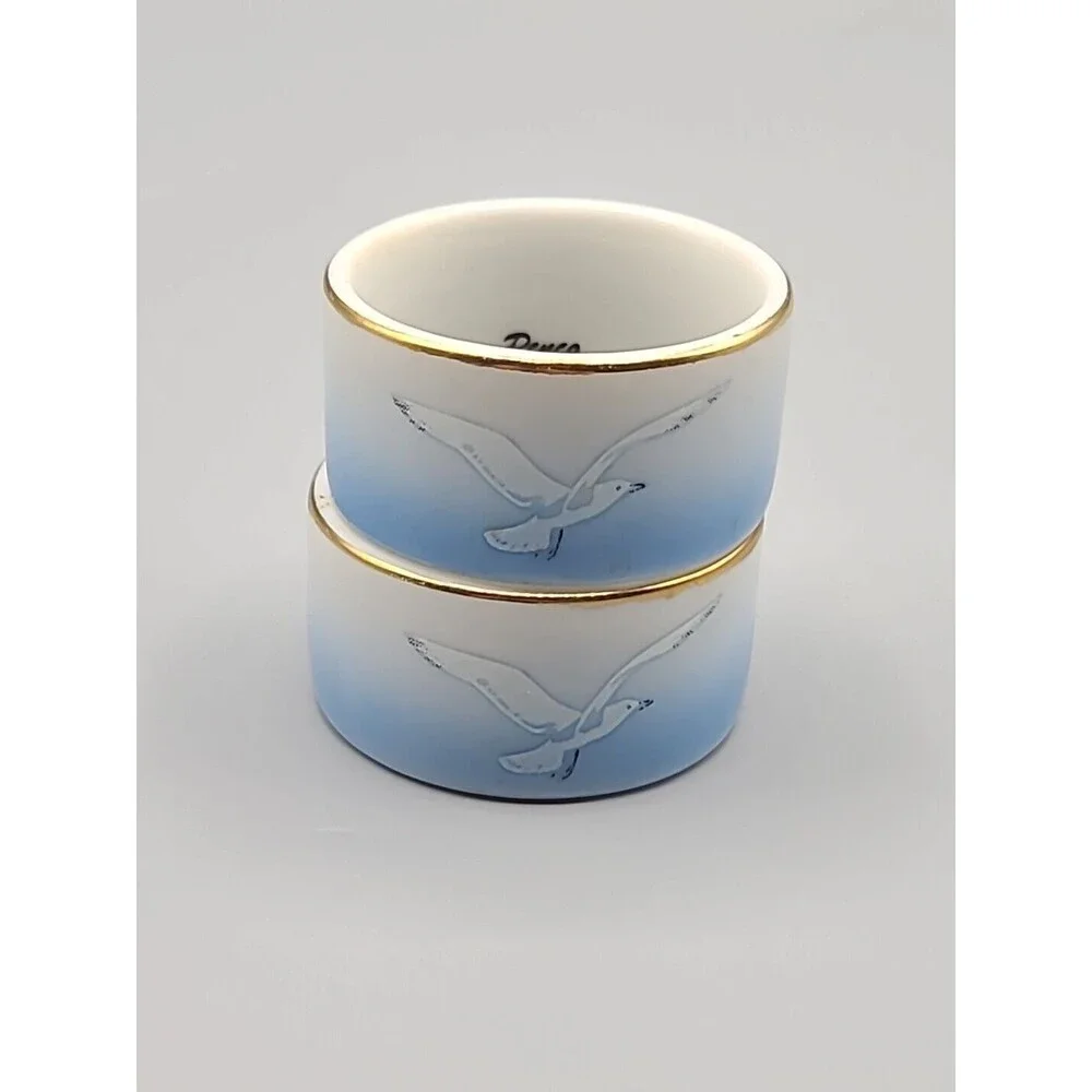 Vintage Penco Exclusive Seagull Porcelain Napkin Holder Blue Ombre Gold Rim Set